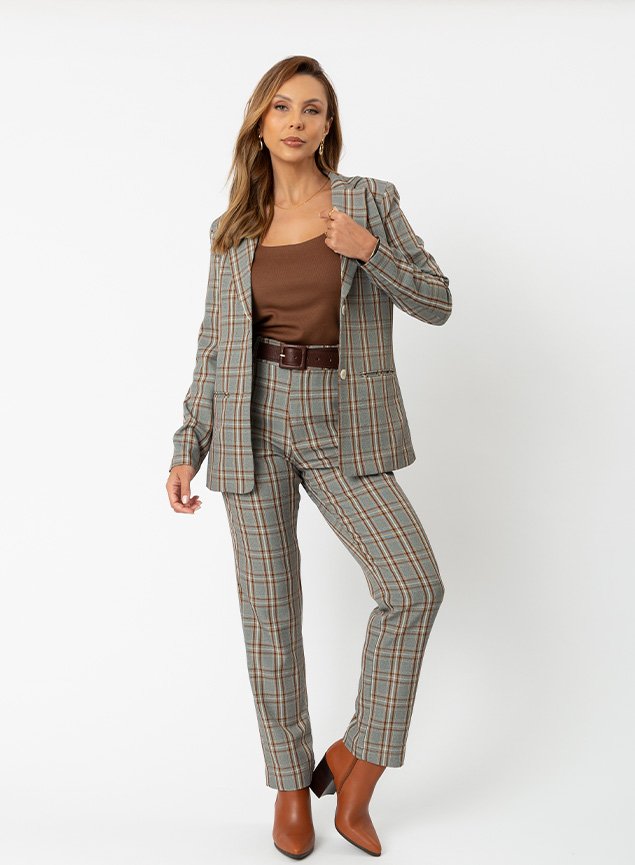 Calça Feminina Reta Xadrez Príncipe de Gales Ema