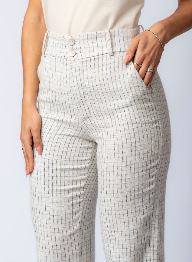 Calça Wide Leg Xadrez Feminina em Linho com Cintura Alta