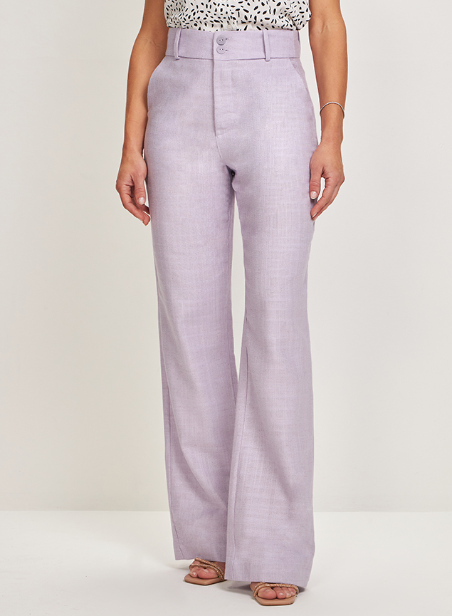 Calça Wide Leg Lilás com Linho e Cintura Alta
