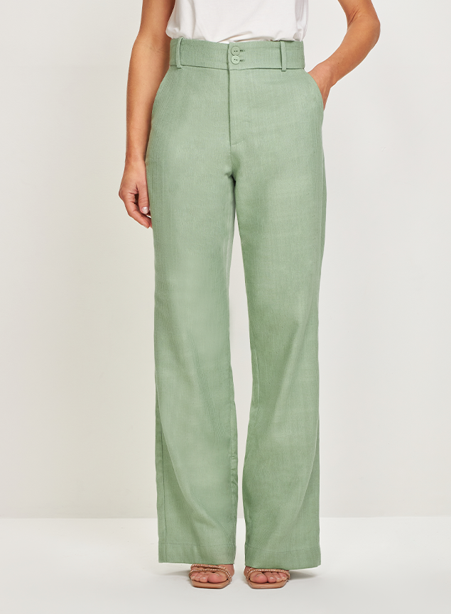Calça Wide Leg Verde Oliva com Linho e Cintura Alta