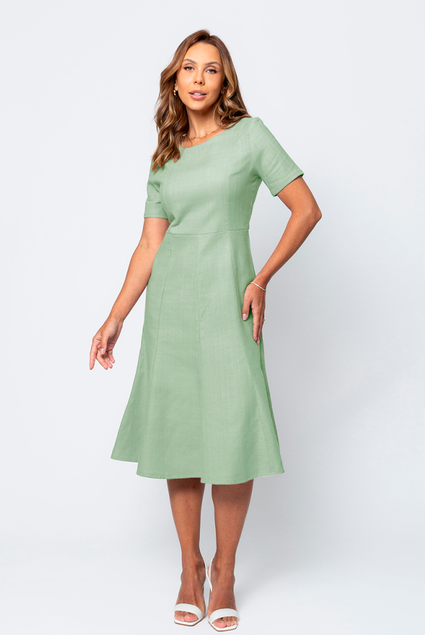 Vestido De Linho Fino Vestido Midi Evasê Com Linho Oliva Ananda