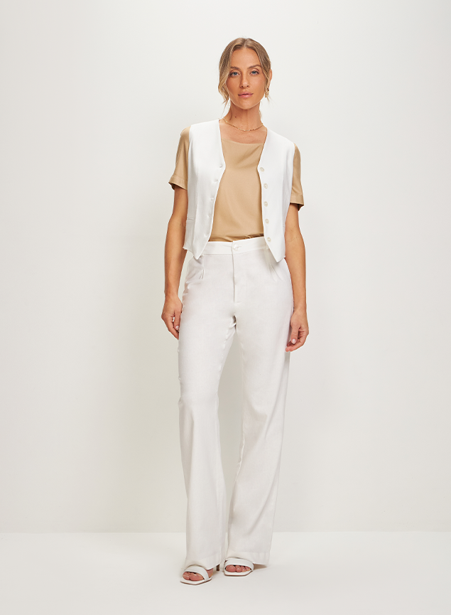 Colete Curto de Alfaiataria em Linho Off White Virginia