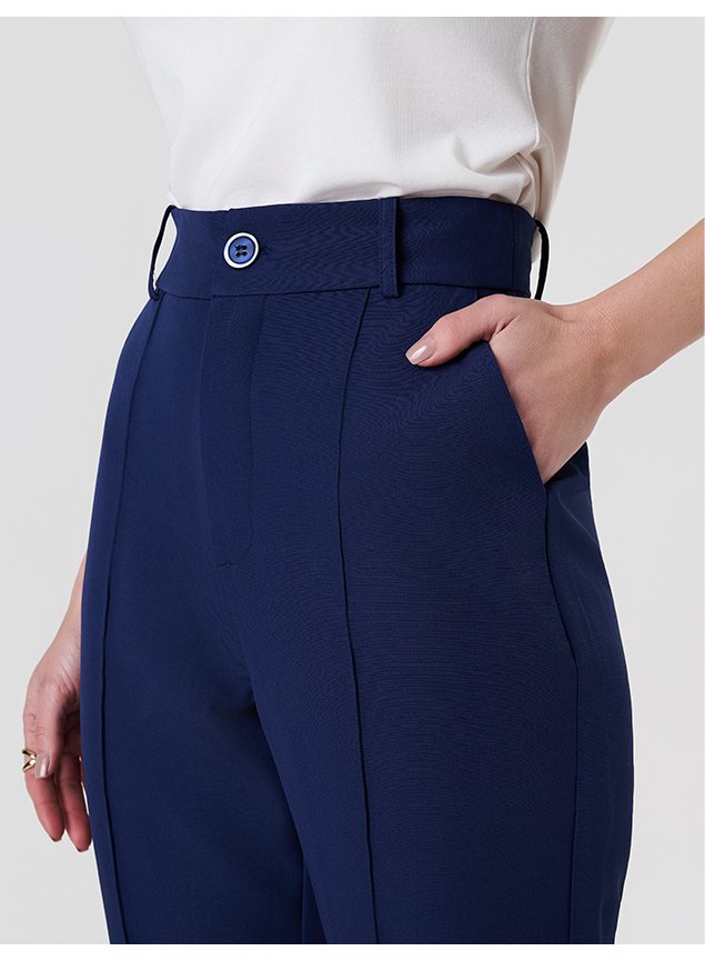 Calça Alfaiataria Feminina Reta Azul Marinho com Cintura Alta