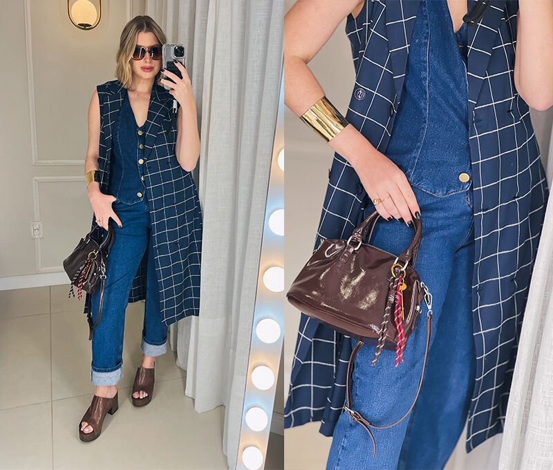 look moderno colete xadrez jeans