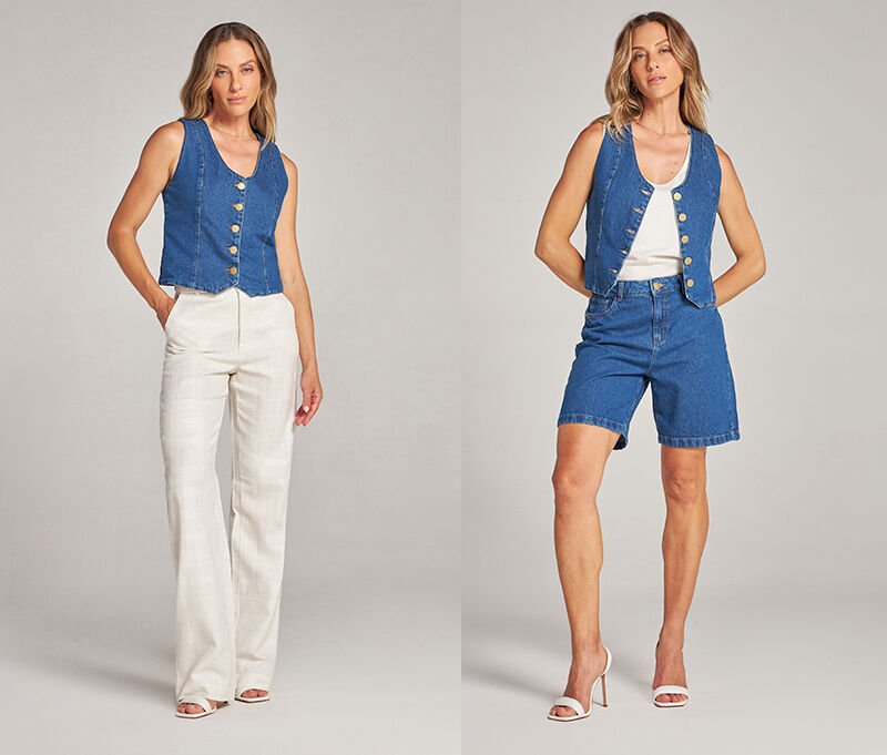 mulher colete jeans calca shorts