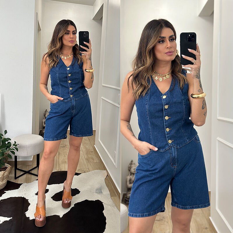 mulher macacao jeans espelho