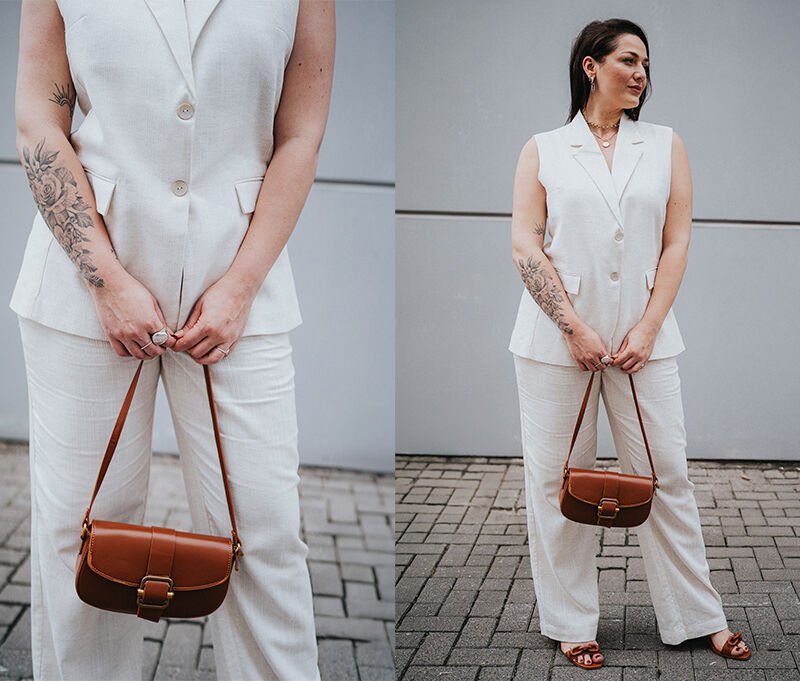 terno branco mulher bolsa marrom