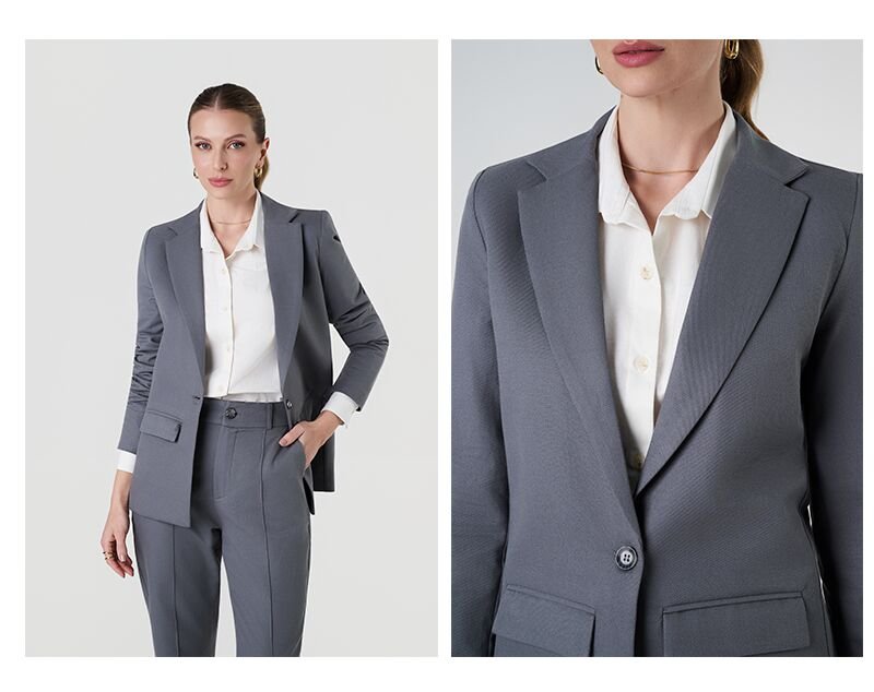 conjunto alfaiataria cinza grafite blazer tradicional detalhes