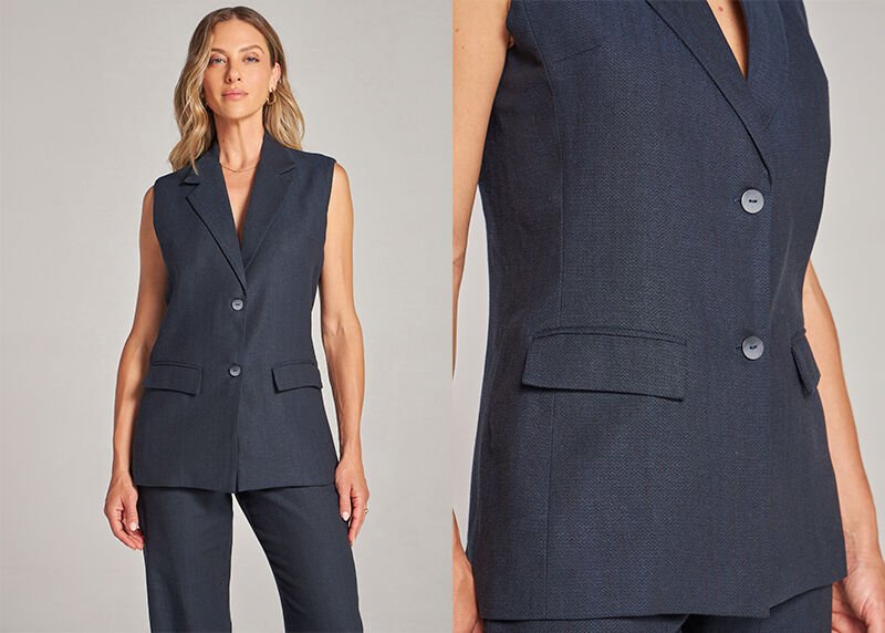 conjunto fibras naturais colete alongado wide leg azul marinho