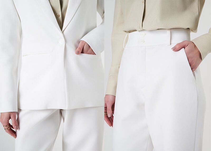 detalhes bolsos botoes acabamento conjunto off white blazer wide leg
