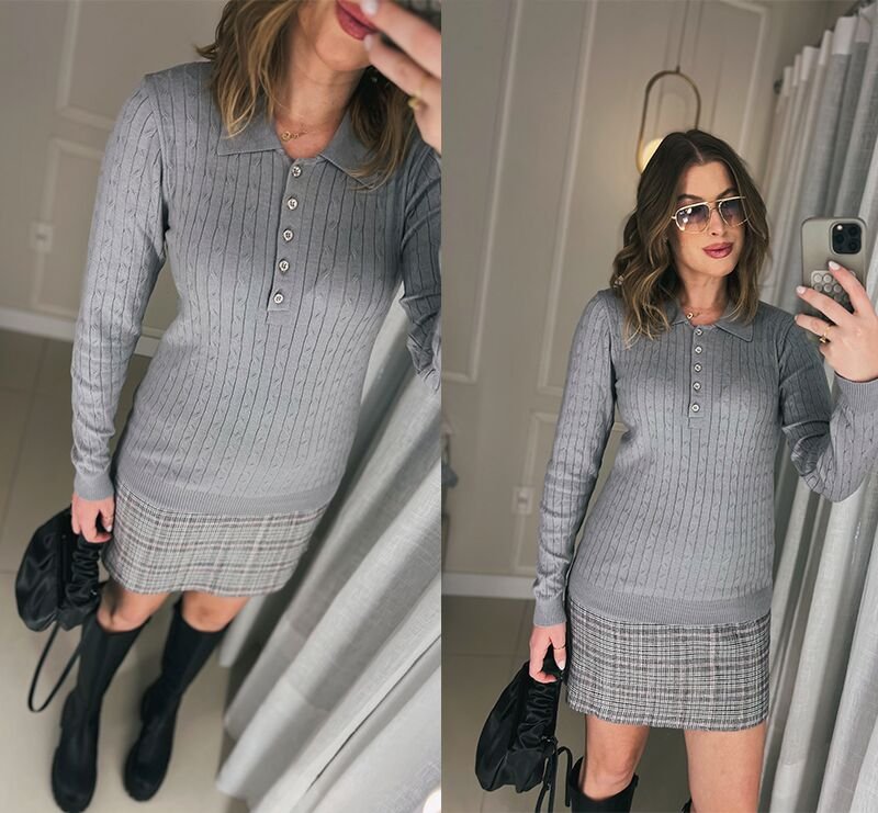 look do dia blusa cinza saia xadrez