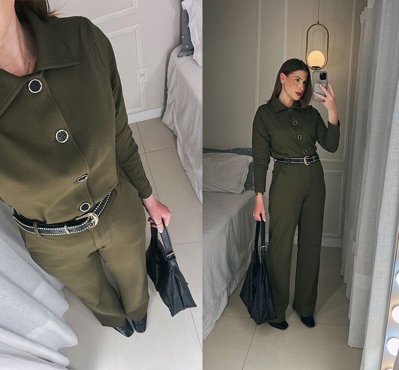 look do dia macacao verde bolsa preta