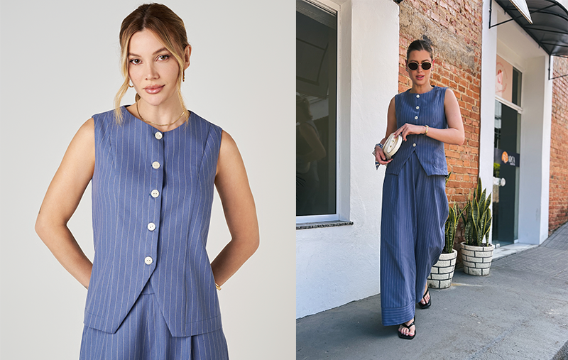 mulher vestido azul listrado