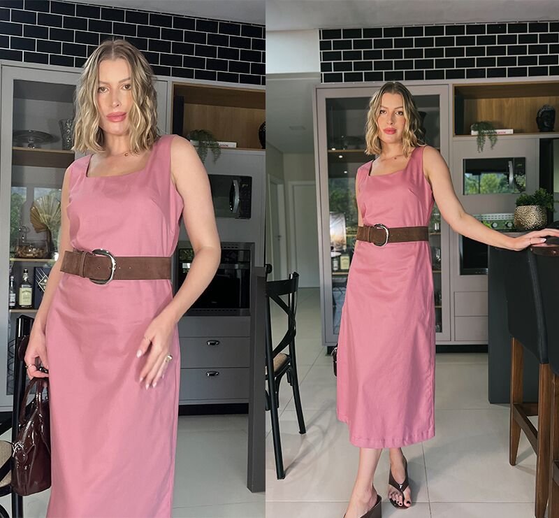 mulher vestido rosa cozinha