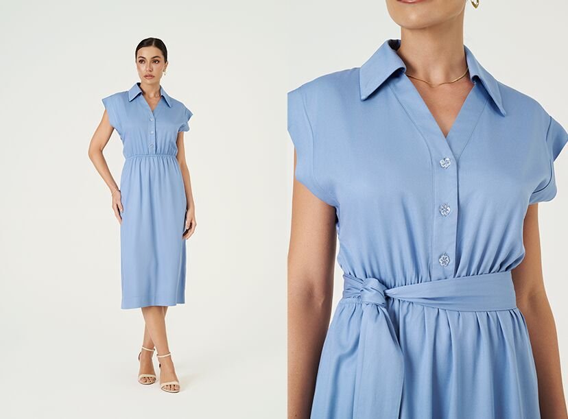 vestido azul claro botoes cinto