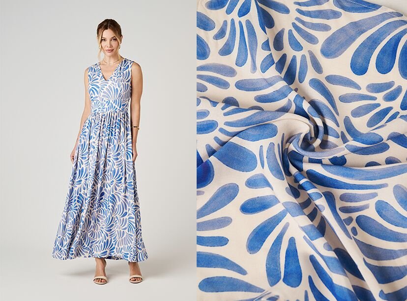 vestido longo azul estampa floral