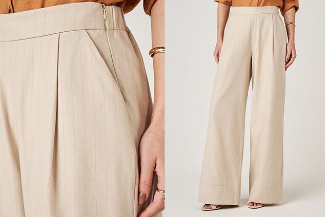 calca ampla bege com pregas