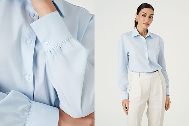 camisa azul clara punhos volumosos