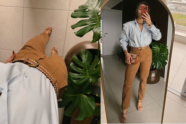 look feminino blusa clara calca caramel