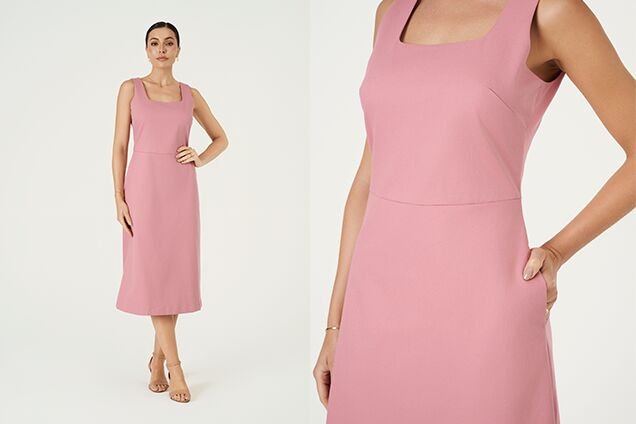vestido rosa midi alcas bolso