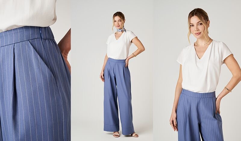 modelo calca azul listrada blusa branca