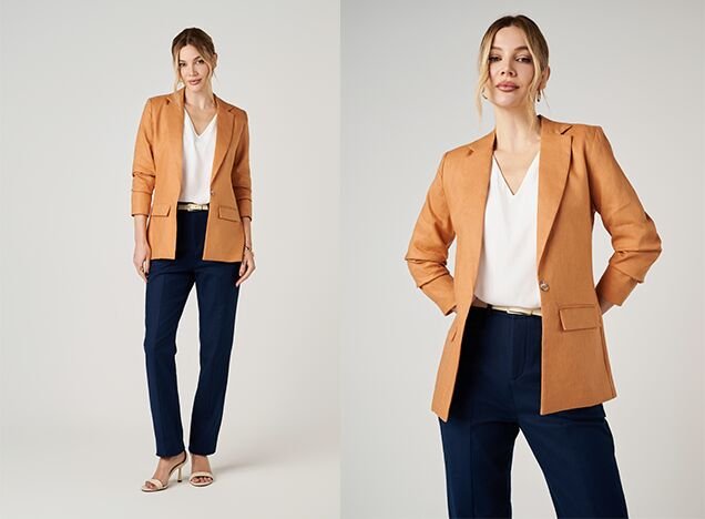 mulher blazer laranja calca azul