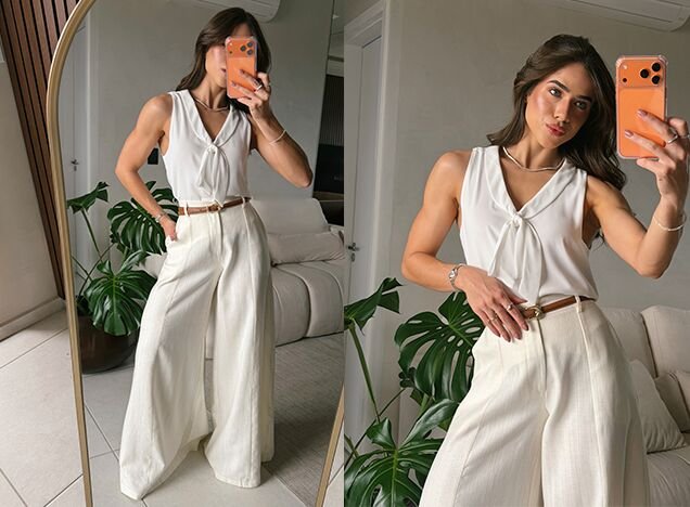 mulher blusa branca calca larga