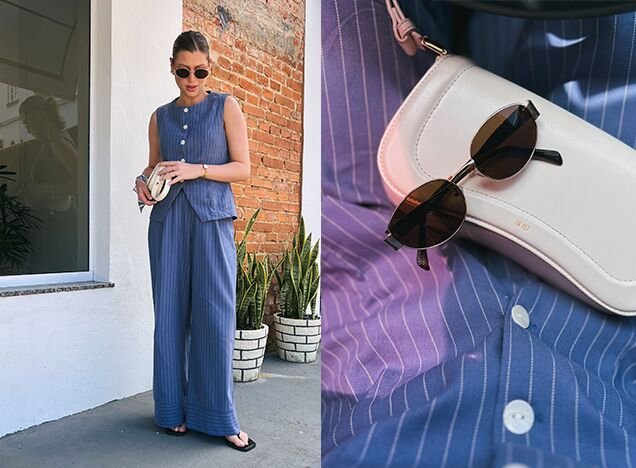 mulher roupa listrada oculos sol